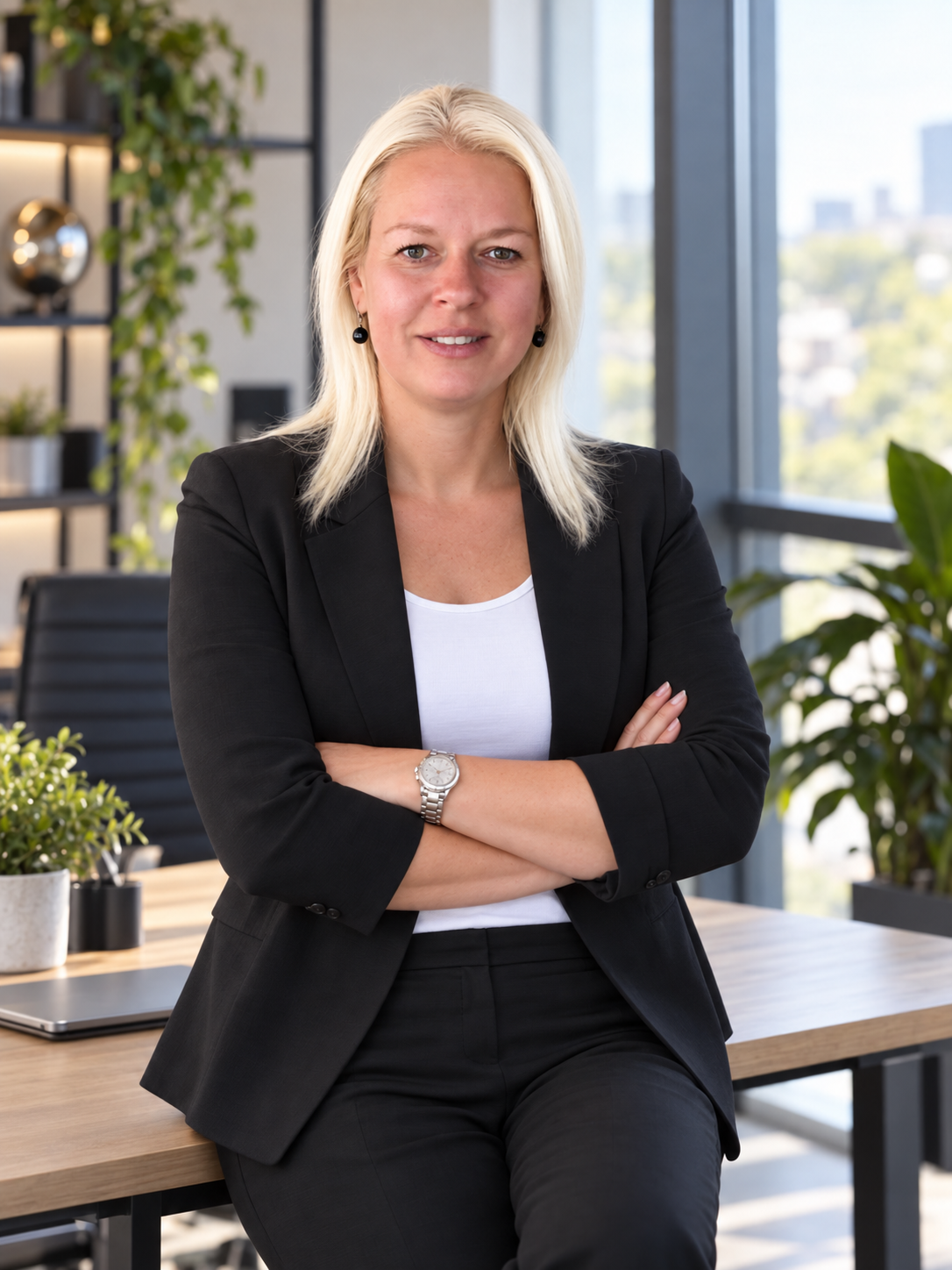 Marina Žena naslonjena na kancelarijski sto